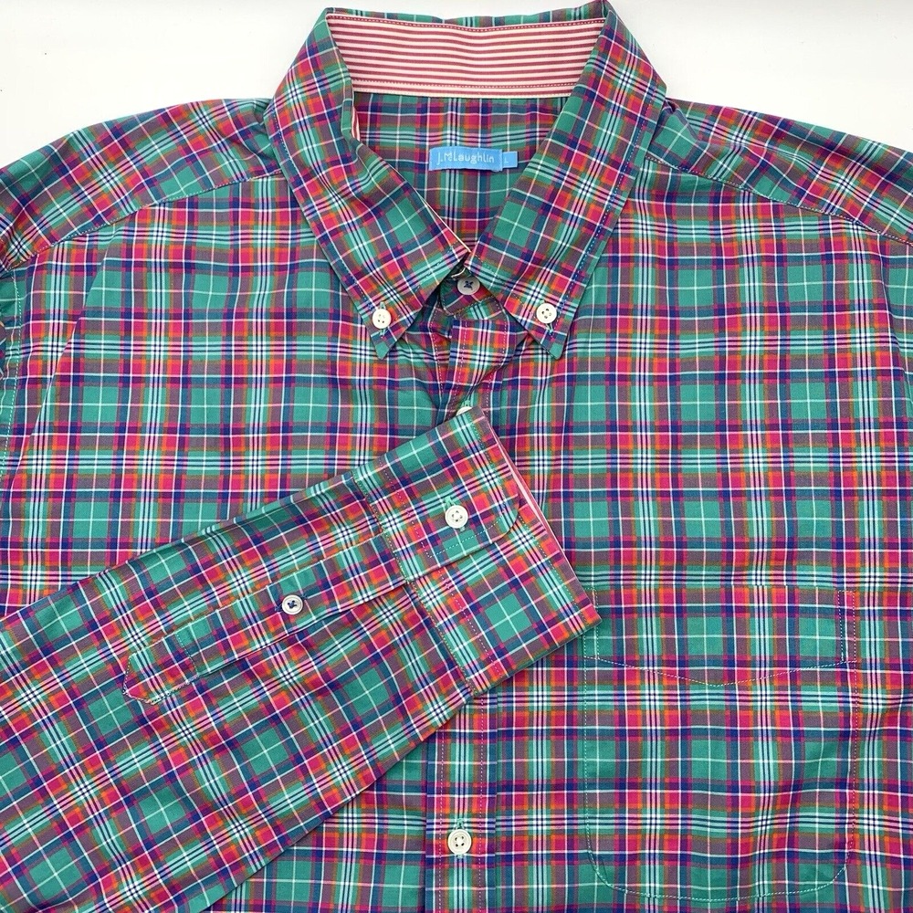J.McLaughlin Button Down‎ Shirt Mens L Green Multi Plaid Cotton Long Sleeve